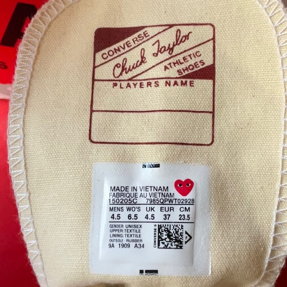 ❤️  DES GARÇONS PLAY X CONVERSE CHUCK TAYLOR HIDDEN HEART HIGH TOP SNEAKERS NWT - Picture 13 of 16